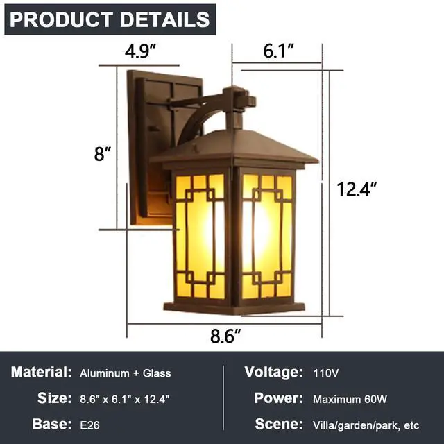 Alt view image 7 of 7 - Outdoor Wall Lantern Exterior Waterproof Wall Light Fixtures Porch Sconces with E26 Sockets & Glass Shades for Entryway, Garage, Patio