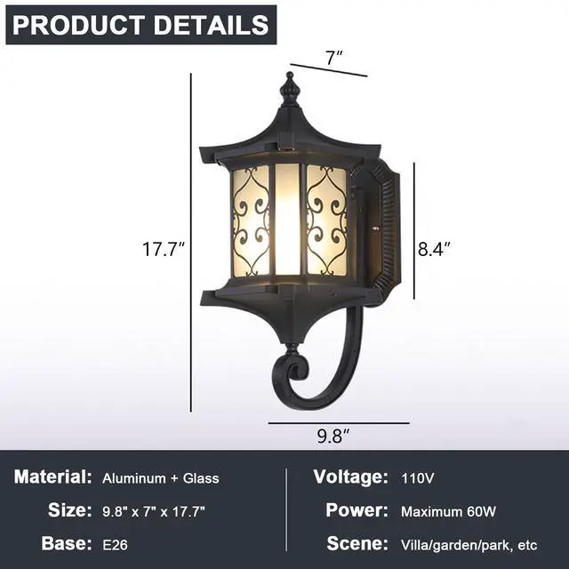 Alt view image 7 of 7 - 17.7 Inch Large Outdoor Wall Lanterns IP65 Waterproof Anti-Rust Retro Front Porch Lights Aluminum Wall Mount Exterior Light Fixtures with Frosted Glass for House Patio Entryway Garage