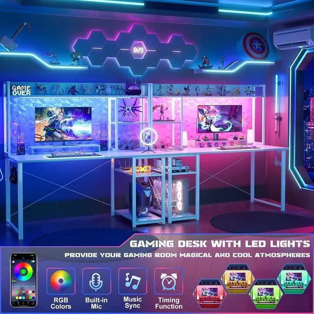 Alt view image 3 of 7 - Gaming Desk with Hutch, 47'' Computer Desk with LED Lights & Power Outlets, Home Office Desk with Reversible 5 Tiers Storage Shelves & Monitor Stand, Small Gaming Table for Small Space, White