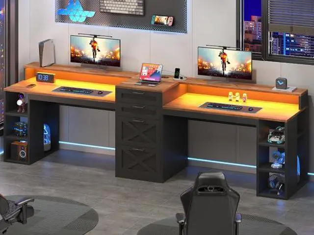 Alt view image 3 of 7 - Farmhouse 2 Person Computer Desk with 4 Drawers and Power Outlets, 94.5" Long Office Desk with Printer Shelf, Monitor Stand, Gaming Desk with LED Lights, Brown and Black