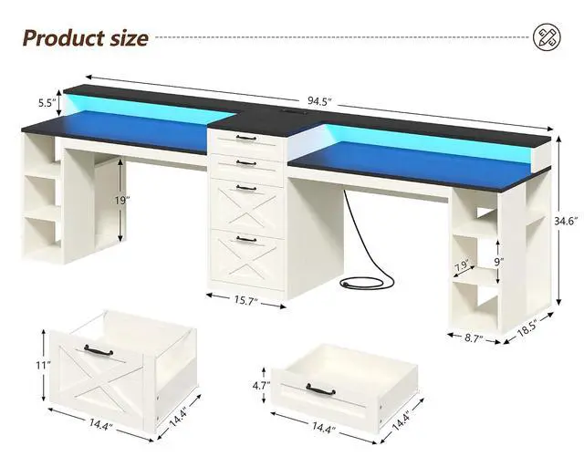 Alt view image 2 of 7 - Farmhouse 2 Person Computer Desk with 4 Drawers and Power Outlets, 94.5" Long Office Desk with Printer Shelf, Monitor Stand, Gaming Desk with LED Lights, Black and White