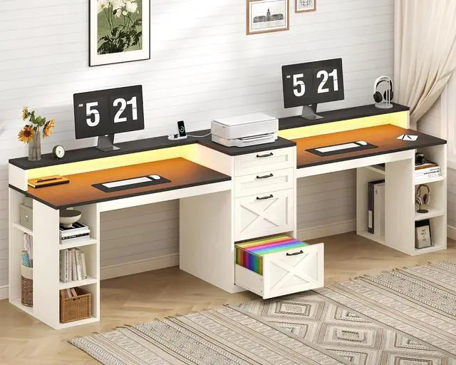 Main image of Farmhouse 2 Person Computer Desk with 4 Drawers and Power Outlets, 94.5" Long Office Desk with Printer Shelf, Monitor Stand, Gaming Desk with LED Lights, Black and White