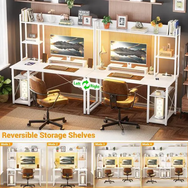 Alt view image 5 of 7 - Gaming Desk with Hutch, 47'' Computer Desk with LED Lights & Power Outlets, Home Office Desk with Reversible 5 Tiers Storage Shelves & Monitor Stand, Small Gaming Table for Small Space, White