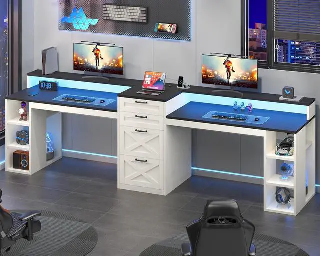 Alt view image 3 of 7 - Farmhouse 2 Person Computer Desk with 4 Drawers and Power Outlets, 94.5" Long Office Desk with Printer Shelf, Monitor Stand, Gaming Desk with LED Lights, Black and White