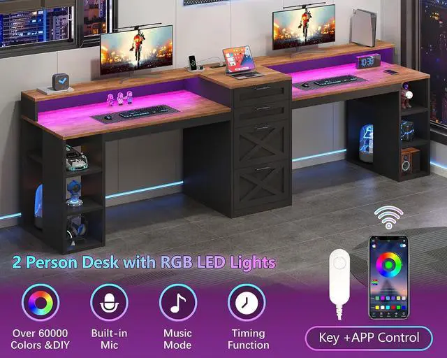 Alt view image 7 of 7 - Farmhouse 2 Person Computer Desk with 4 Drawers and Power Outlets, 94.5" Long Office Desk with Printer Shelf, Monitor Stand, Gaming Desk with LED Lights, Brown and Black