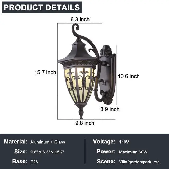 Alt view image 7 of 7 - Vintage Outdoor Wall Light Fixtures 15.7 inch Waterproof Exterior Wall Lantern Anti-Rust Aluminium Porch Lights for House Garage Doorway