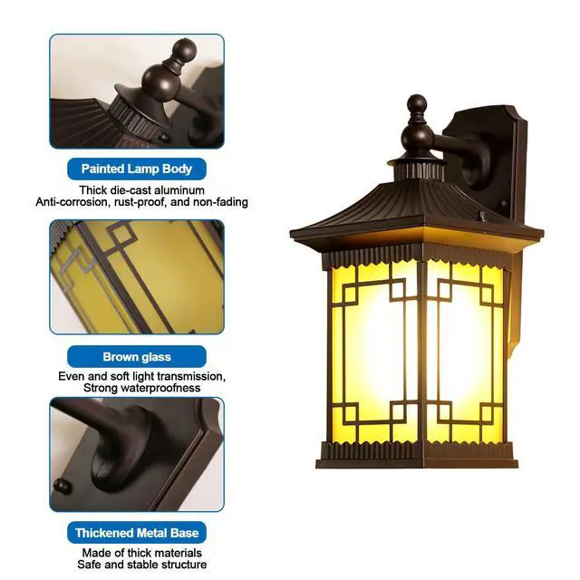 Alt view image 6 of 7 - 16.5" Retro Outdoor Wall Light Coffee Aluminum Exterior Wall Lantern Anti-Rust Waterproof Porch Light Outdoor with Brown Glass Shade for Front Porch Garage Patio