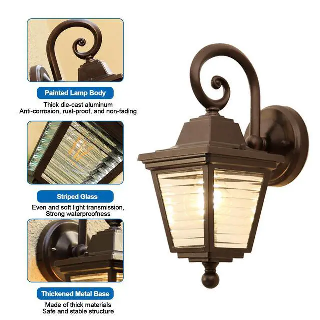 Alt view image 6 of 7 - Outdoor Wall Light Fixture IP65 Waterproof Exterior Wall Sconces with Striped Glass Aluminum Vintage Porch Lights for House Front Porch Patio