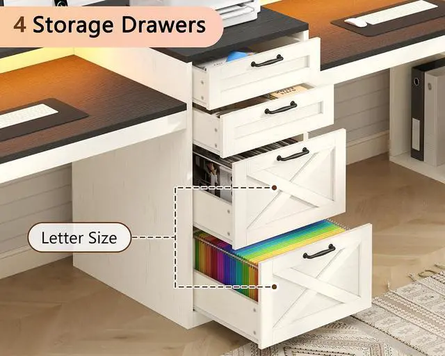 Alt view image 5 of 7 - Farmhouse 2 Person Computer Desk with 4 Drawers and Power Outlets, 94.5" Long Office Desk with Printer Shelf, Monitor Stand, Gaming Desk with LED Lights, Black and White