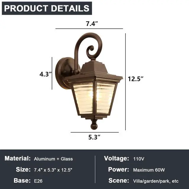 Alt view image 7 of 7 - Outdoor Wall Light Fixture IP65 Waterproof Exterior Wall Sconces with Striped Glass Aluminum Vintage Porch Lights for House Front Porch Patio