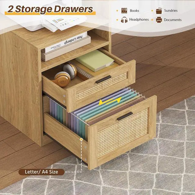 Alt view image 4 of 7 - 63" Rattan L Shaped Desk with Drawers & Storage Shelves, Wood Corner Desk with Power Outlets & LED Lights, Home Office Desks with File Drawer, Printer Shelf, Monitor Stand, Oak