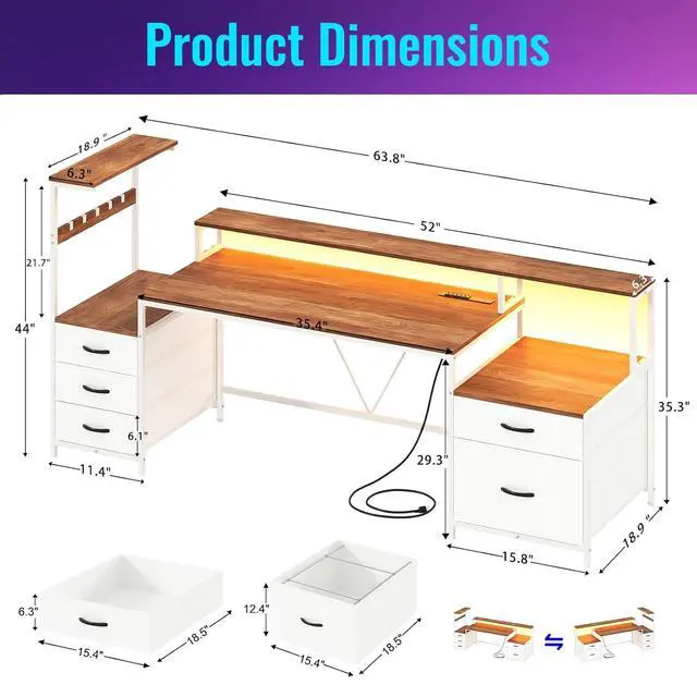 Alt view image 2 of 7 - 63" Gaming Desk with LED Lights & Outlets, Reversible Computer Desk with 5 Drawers & Printer Shelf, Gamer Desk Table with Storage Shelves & Monitor Stand, Brown and White