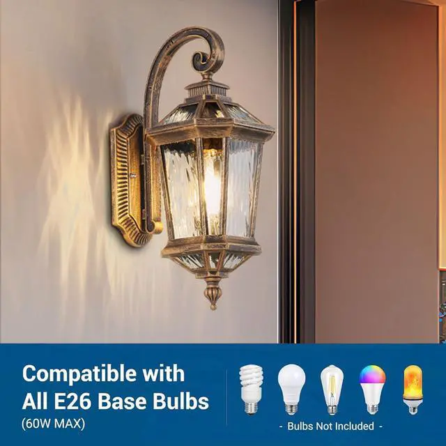 Alt view image 4 of 7 - Outdoor Wall Lights Waterproof Vintage Exterior Sconces Lanterns 16.5 inch Aluminum Porch Lights with E26 Sockets & Water Ripple Glass for House Front Door Garage