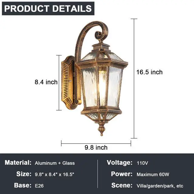Alt view image 7 of 7 - Outdoor Wall Lights Waterproof Vintage Exterior Sconces Lanterns 16.5 inch Aluminum Porch Lights with E26 Sockets & Water Ripple Glass for House Front Door Garage