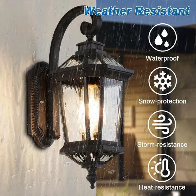Alt view image 2 of 7 - Outdoor Wall Lights Waterproof Vintage Exterior Sconces Lanterns 16.5 inch Aluminum Porch Lights with E26 Sockets & Water Ripple Glass for House Front Door Garage