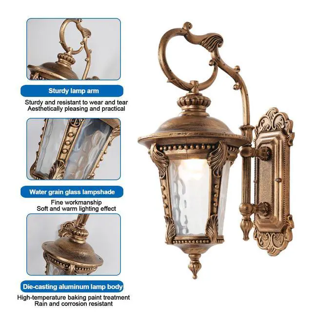 Alt view image 7 of 7 - Outdoor Wall Lanterns Vintage Bronze Outdoor Wall Light Fixtures 13 Waterproof Anti-Rust Aluminum Porch Lights with Water Ripple Glass E26 Socket for House Front Door Garage