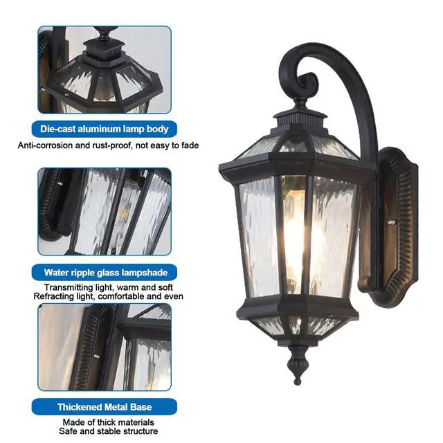 Alt view image 6 of 7 - Outdoor Wall Lights Waterproof Vintage Exterior Sconces Lanterns 16.5 inch Aluminum Porch Lights with E26 Sockets & Water Ripple Glass for House Front Door Garage