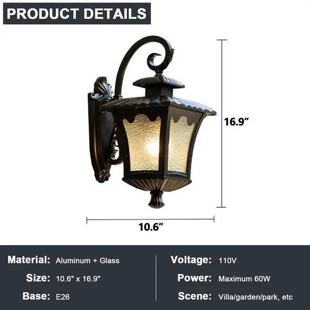Alt view image 7 of 7 - Vintage Outdoor Light Fixtures Anti-Rust Outside Black Wall Lanterns Aluminium Waterproof Exterior Porch Lights for Front Door Garage Patio