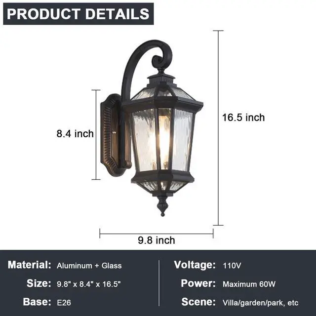 Alt view image 7 of 7 - Outdoor Wall Lights Waterproof Vintage Exterior Sconces Lanterns 16.5 inch Aluminum Porch Lights with E26 Sockets & Water Ripple Glass for House Front Door Garage