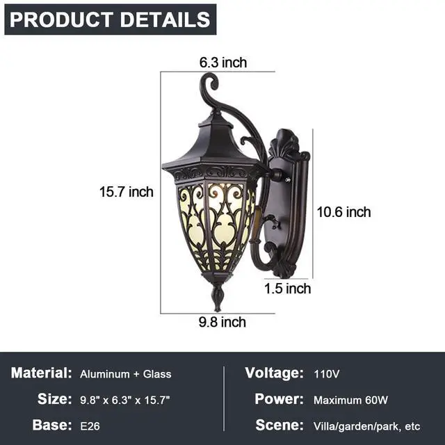 Alt view image 7 of 7 - Outdoor Wall Lantern Coffee IP65 Waterproof Exterior Wall Light Fixtures with Frosted Glass Shade 15.7 inch Large Size Aluminum Outdoor Wall Sconce for House Porch Garage