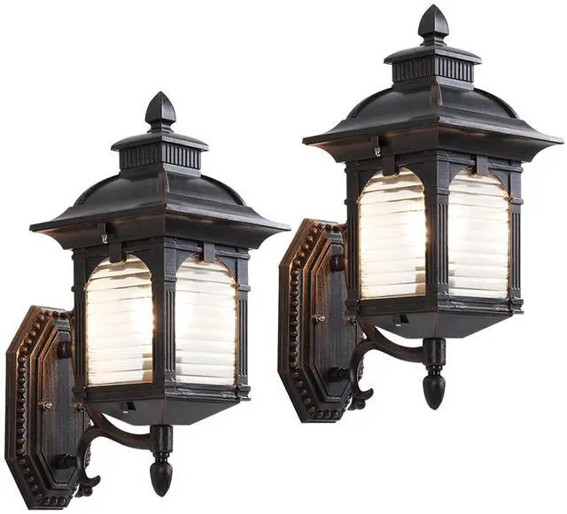 Main image of Outdoor Wall Lantern, Retro Exterior Waterproof Wall Sconce Porch Light Fixtures with E26 Sockets & Striped Glass Shades for Entryway House Front Door Patio Garage
