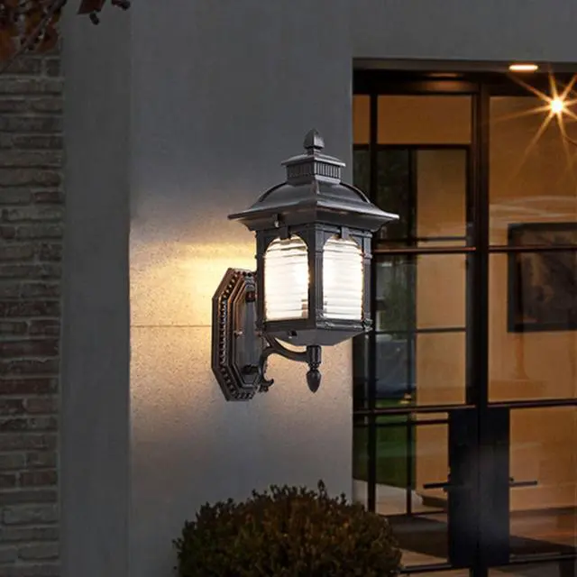 Alt view image 4 of 7 - Outdoor Wall Lantern, Retro Exterior Waterproof Wall Sconce Porch Light Fixtures with E26 Sockets & Striped Glass Shades for Entryway House Front Door Patio Garage