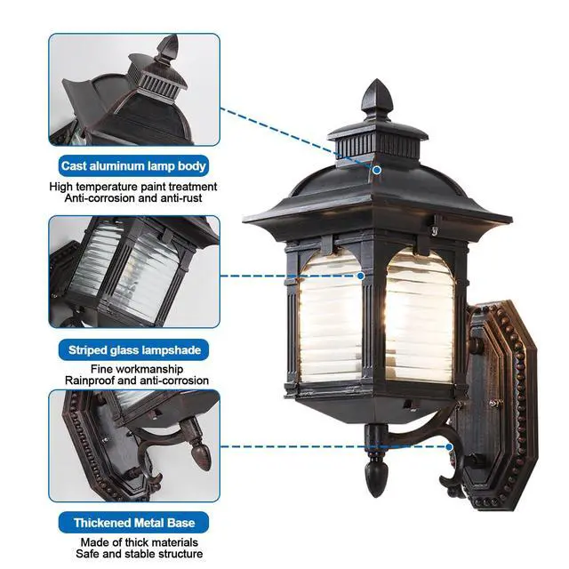 Alt view image 6 of 7 - Outdoor Wall Lantern, Retro Exterior Waterproof Wall Sconce Porch Light Fixtures with E26 Sockets & Striped Glass Shades for Entryway House Front Door Patio Garage