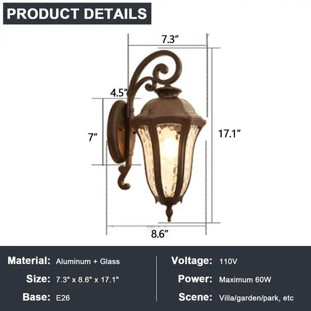 Alt view image 7 of 7 - Outdoor Wall Sconce Waterproof Retro Coffee Outdoor Wall Lantern Light Fixtures 17.1" Aluminum Front Door Wall Mount Lighting for Garage Patio Entryway