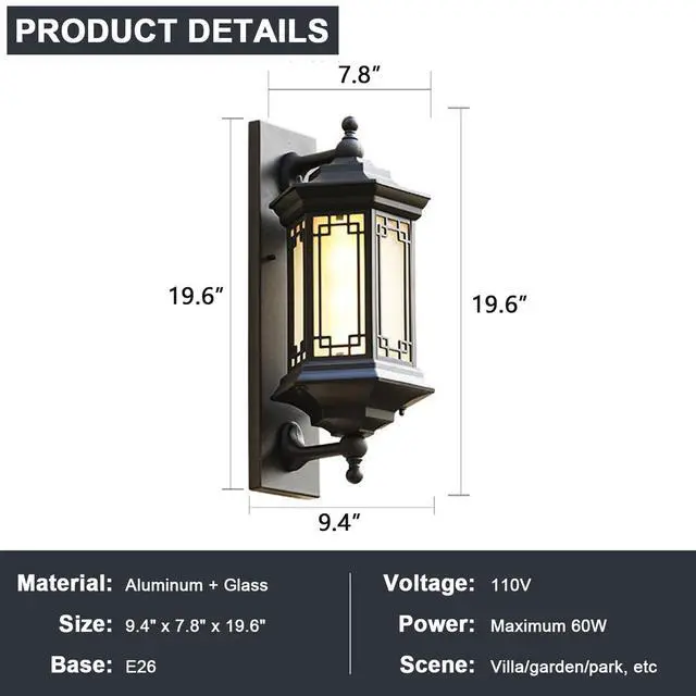 Alt view image 7 of 7 - Outdoor Wall Lantern Aluminum Waterproof Porch Lights Outdoor 19.6" Large Black Exterior Wall Light E27 Outside Lights with Frosted Glass for Patio Garage Entryway Front Door