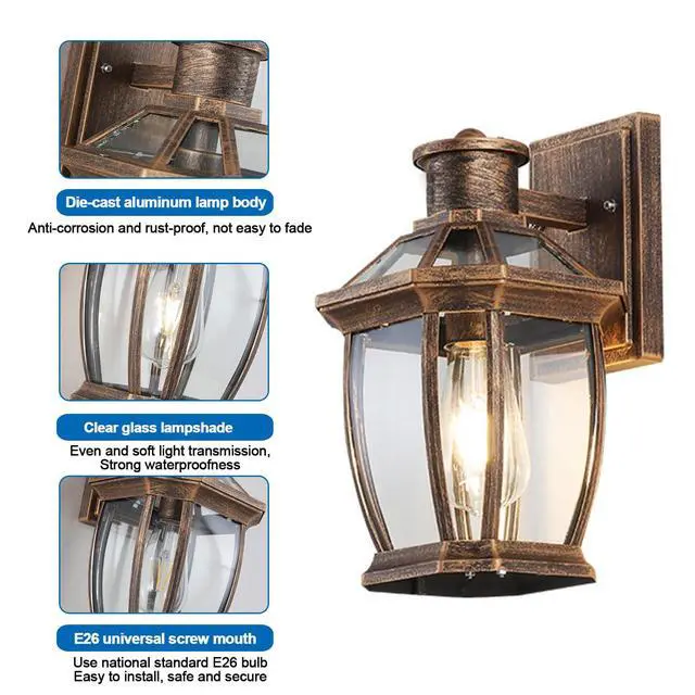 Alt view image 6 of 7 - Outdoor Wall Lanterns Aluminum Exterior Waterproof Wall Light Vintage Porch Wall Lighting with Clear Glass Shade for Porch Front Door Way Garage Patio