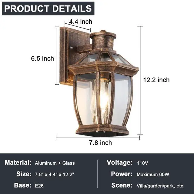 Alt view image 7 of 7 - Outdoor Wall Lanterns Aluminum Exterior Waterproof Wall Light Vintage Porch Wall Lighting with Clear Glass Shade for Porch Front Door Way Garage Patio