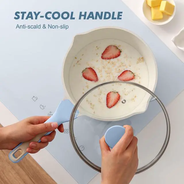 Alt view image 6 of 7 - Ceramic Nonstick Saucepan with Double Pouring Spout 3.0 Quarts, Cooking Pot with Stay Cool Handle, Induction Compatible, Ceramic Coating, Free of Intentionally Added PFOA/PFAS, Blue