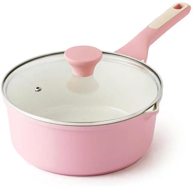 Main image of Ceramic Nonstick Saucepan with Double Pouring Spout 3.0 Quarts, Cooking Pot with Stay Cool Handle, Induction Compatible, Ceramic Coating, Free of Intentionally Added PFOA/PFAS, Pink