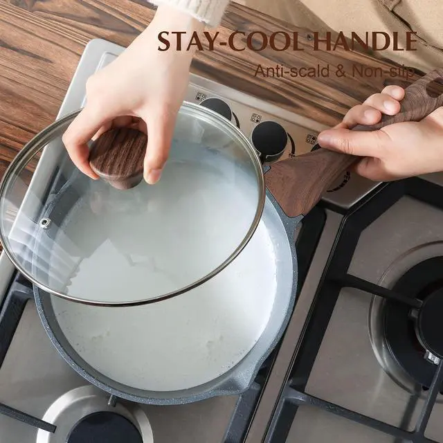 Alt view image 6 of 7 - Nonstick Sauce Pan with Double Spout, 3.0 Quarts Swiss Granite Coating Sauce Pot with Lid Medium Kitchen Cooking Pot, Induction Compatible Saucepan, Free of Intentionally Added PFOA