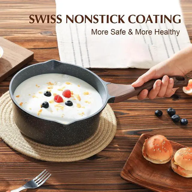 Alt view image 7 of 7 - Nonstick Sauce Pan with Double Spout, 3.0 Quarts Swiss Granite Coating Sauce Pot with Lid Medium Kitchen Cooking Pot, Induction Compatible Saucepan, Free of Intentionally Added PFOA