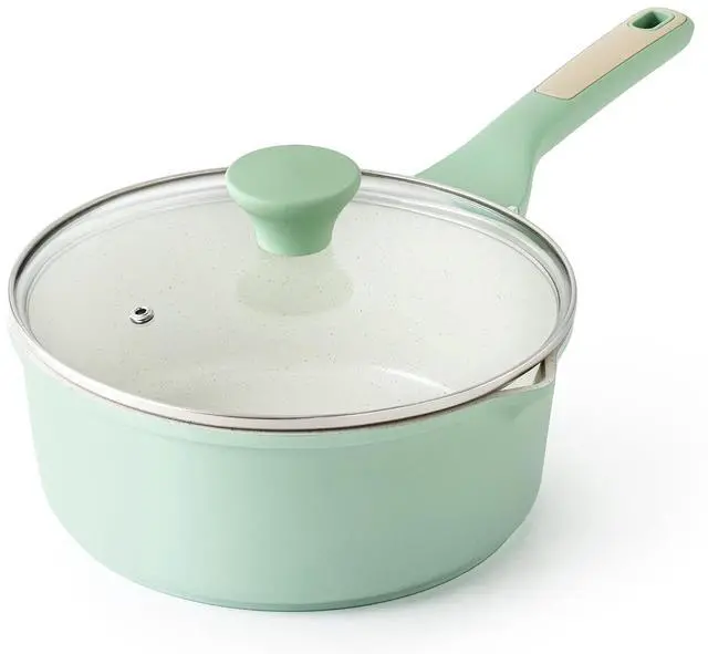 Main image of Ceramic Nonstick Saucepan with Double Pouring Spout 3.0 Quarts, Cooking Pot with Stay Cool Handle, Induction Compatible, Ceramic Coating, Free of Intentionally Added PFOA/PFAS, Green