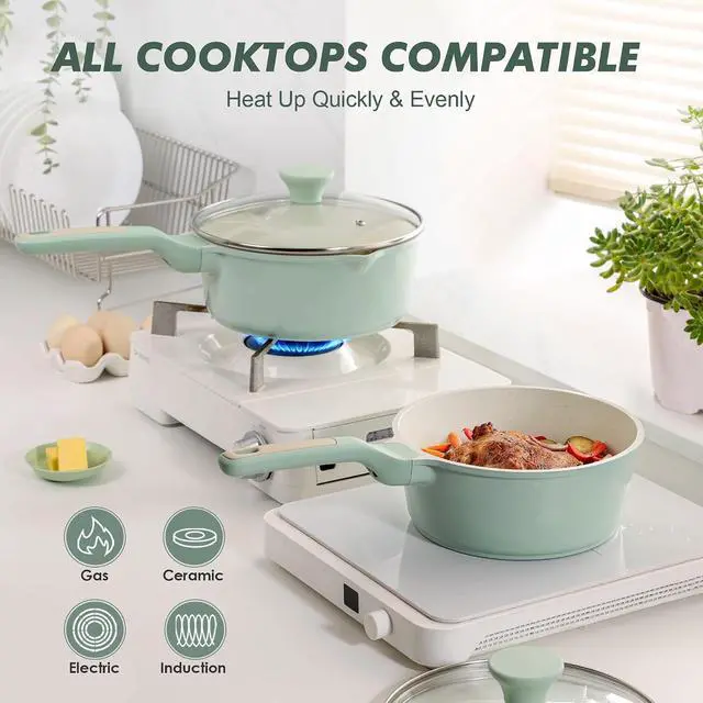Alt view image 3 of 7 - Ceramic Nonstick Saucepan with Lid 1.5 Quarts, Small Kitchen Cooking Pot with Stay Cool Handle, Induction Compatible, Ceramic Coating, Free of Intentionally Added PTFE/PFOA/PFAS, Green
