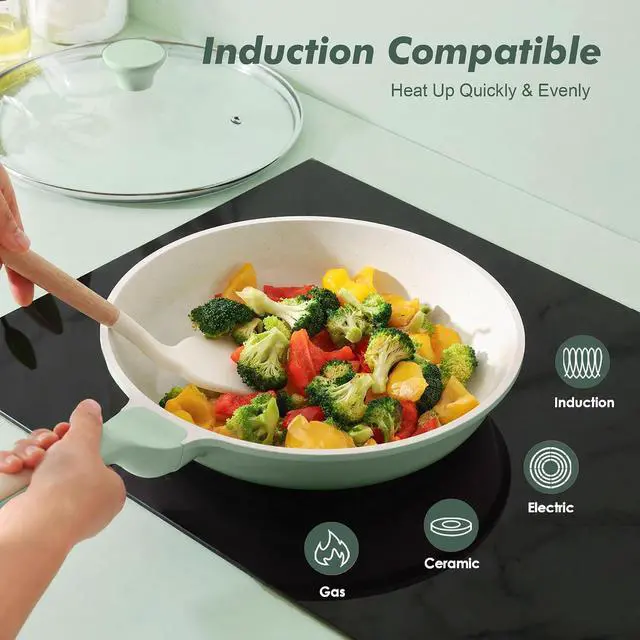 Alt view image 6 of 7 - Nonstick Ceramic Frying Pan with Lid 11 Inch Omelet Pan Skillet, Free of Intentionally Added PFAS/PTFE Non-toxic Chef's Pan Induction Compatible Pan, Heat Resistant Handle, Mint Green