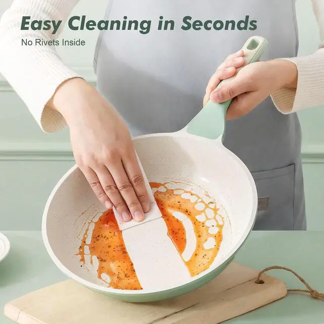 Alt view image 7 of 7 - Nonstick Ceramic Frying Pan with Lid 11 Inch Omelet Pan Skillet, Free of Intentionally Added PFAS/PTFE Non-toxic Chef's Pan Induction Compatible Pan, Heat Resistant Handle, Mint Green