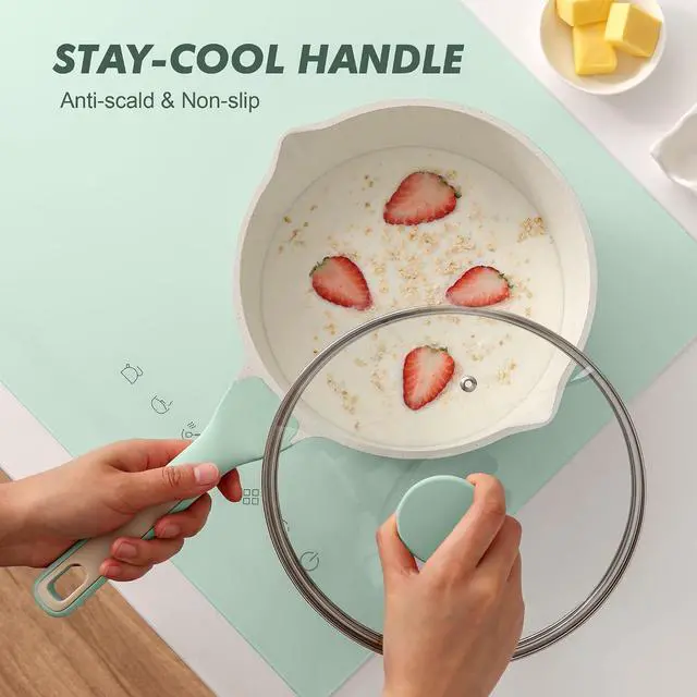 Alt view image 6 of 7 - Ceramic Nonstick Saucepan with Double Pouring Spout 3.0 Quarts, Cooking Pot with Stay Cool Handle, Induction Compatible, Ceramic Coating, Free of Intentionally Added PFOA/PFAS, Green