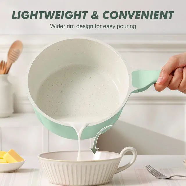Alt view image 4 of 7 - Ceramic Nonstick Saucepan with Lid 1.5 Quarts, Small Kitchen Cooking Pot with Stay Cool Handle, Induction Compatible, Ceramic Coating, Free of Intentionally Added PTFE/PFOA/PFAS, Green