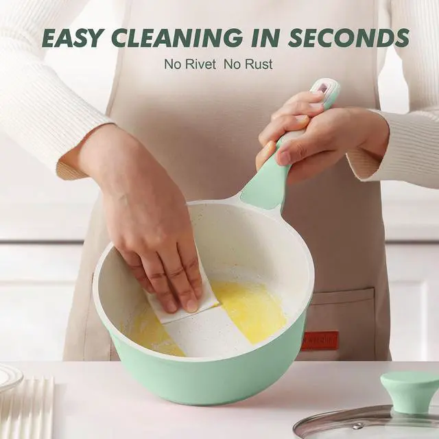 Alt view image 6 of 7 - Ceramic Nonstick Saucepan with Lid 1.5 Quarts, Small Kitchen Cooking Pot with Stay Cool Handle, Induction Compatible, Ceramic Coating, Free of Intentionally Added PTFE/PFOA/PFAS, Green