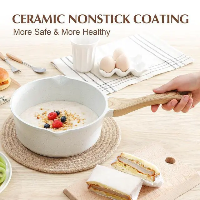 Alt view image 6 of 7 - White Ceramic Nonstick Saucepan with Double Spout 3.0 Quarts, Cooking Pot with Stay Cool Handle, Induction Compatible Saucepot, White Granite Coating, Free of Intentionally Added PFOA/PFAS