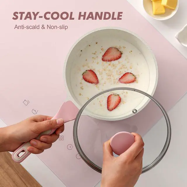 Alt view image 6 of 7 - Ceramic Nonstick Saucepan with Lid 2.0 Quarts, Small Kitchen Cooking Pot with Stay Cool Handle, Induction Compatible, Ceramic Coating, Free of Intentionally Added PTFE/PFOA/PFAS, Sakura Pink