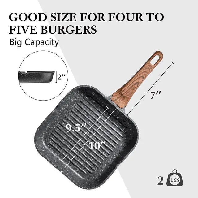Alt view image 7 of 7 - Nonstick Grill Pan for Stove Tops, Versatile Griddle with Pour Spouts, Square Big Cooking Surface, Durable Skillet Indoor & Outdoor Grilling. PFOA Free, 9.5 Inch
