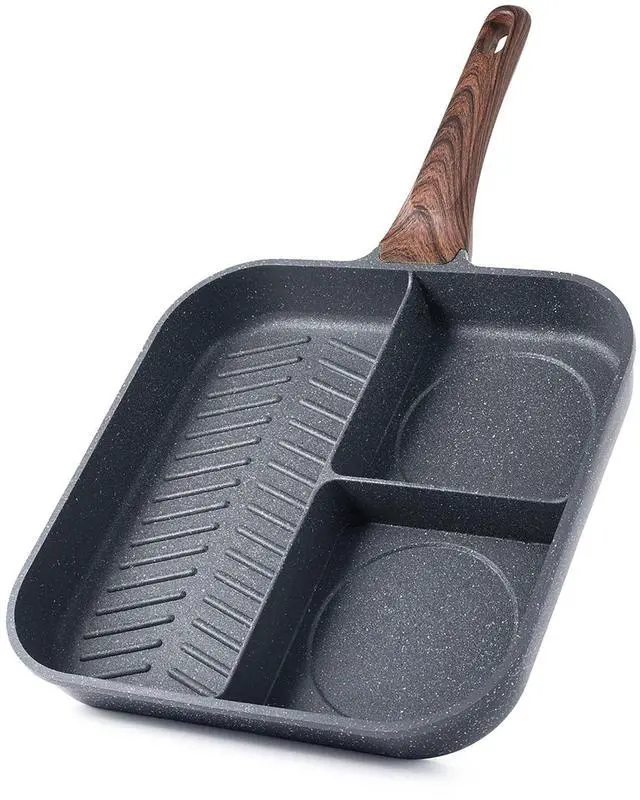 Main image of Nonstick 11-Inch Square Grill Pan, 3-Section Versatile Breakfast Skillet, Die-cast Aluminum, PFOA, PFOS, APEO Free, Induction, Gas, Electric, Glass, Ceramic