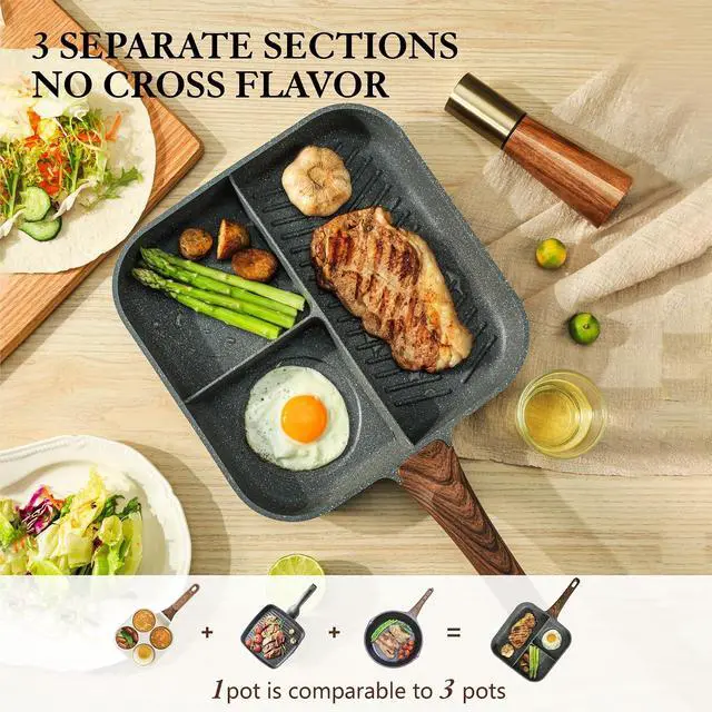Alt view image 2 of 7 - Nonstick 11-Inch Square Grill Pan, 3-Section Versatile Breakfast Skillet, Die-cast Aluminum, PFOA, PFOS, APEO Free, Induction, Gas, Electric, Glass, Ceramic