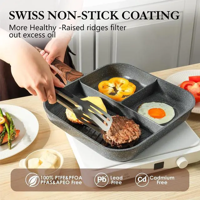 Alt view image 3 of 7 - Nonstick 11-Inch Square Grill Pan, 3-Section Versatile Breakfast Skillet, Die-cast Aluminum, PFOA, PFOS, APEO Free, Induction, Gas, Electric, Glass, Ceramic