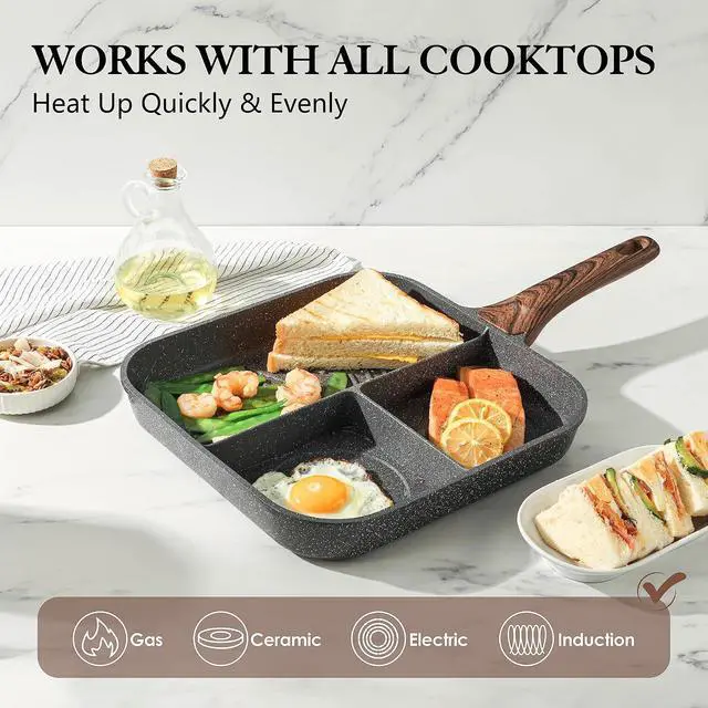 Alt view image 4 of 7 - Nonstick 11-Inch Square Grill Pan, 3-Section Versatile Breakfast Skillet, Die-cast Aluminum, PFOA, PFOS, APEO Free, Induction, Gas, Electric, Glass, Ceramic
