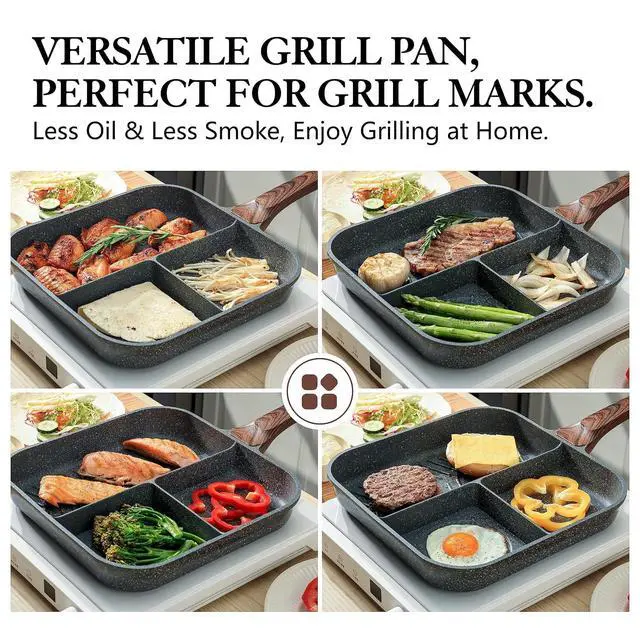 Alt view image 5 of 7 - Nonstick 11-Inch Square Grill Pan, 3-Section Versatile Breakfast Skillet, Die-cast Aluminum, PFOA, PFOS, APEO Free, Induction, Gas, Electric, Glass, Ceramic